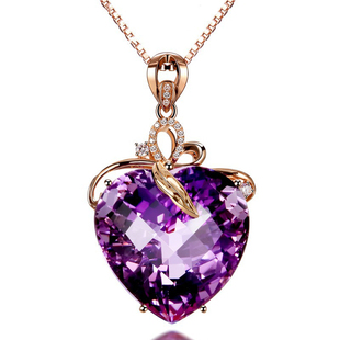 饰品奢华心形紫水晶吊坠，扣头镀18k金彩色(金彩色，)宝石合成紫晶锁髓项链女