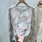 粉蓝色水墨画印花网纱薄款长袖t恤打底衫圆领设计感韩版宽松上衣