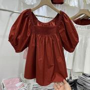 一字领衬衫女减龄娃娃衫2023秋季韩版宽松显瘦露肩小个子上衣