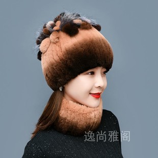皮草帽子女冬季保暖韩版围脖妈妈百搭加厚针织獭兔毛帽子冬天