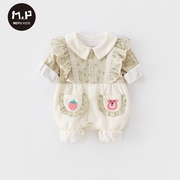 新生婴儿衣服女宝宝秋装，0一1岁秋季可爱假两件套外出连体衣春秋款