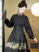 配马面裙的黑色衬衫秋季女装新中式立领刺绣上衣日常改良汉服衬衣