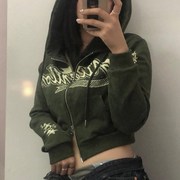 欧美潮流军绿色带帽长袖秋冬季休闲短款拉链卫衣外套女hoodie