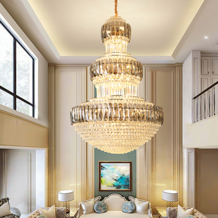 轻奢复式楼客厅大吊灯，水晶家用圆形，2024酒店大堂别墅中空灯具