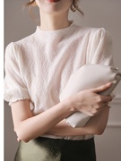 白色蕾丝短袖t恤女夏季圆领，气质钩花镂空针织衫t薄法式泡泡袖上衣