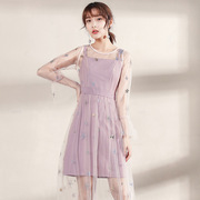 女装透视网纱裙两件套名媛，粉色仙女连衣裙，2023秋款长裙