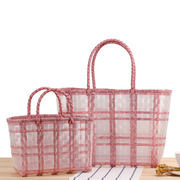 格子条纹手拎菜篮子透明防水塑料沙滩手工编织包购物袋