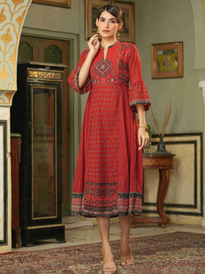 印度进口连衣裙乔其纱双层 印花裙印巴风情民族风长裙复古 红色