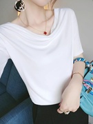 韩版白色v领短袖t恤女2024年夏季休闲法式堆堆领设计感上衣