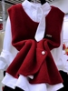 短款针织马甲+衬衫分体两件套女2024红马夹纯色长袖立领衬衫
