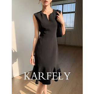 karfely职场b入!进口醋酸，细麻连衣裙小黑裙，v领荷叶边优雅包臀裙