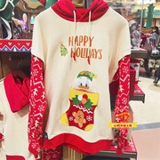 上海迪士尼国内圣诞唐老鸭假两件连帽红色套头加绒卫衣毛衣服