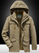 加绒加厚棉袄男冬季户外带帽宽松大码中长款棉服保暖多袋工装外套