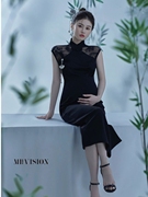 2023孕妇照服装影楼中国风中式复古黑色丝绒旗袍艺术拍照礼服