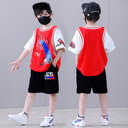 童装男童夏装2023儿童衣服8韩版大童男装T恤短袖黑红假两件套