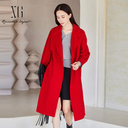 xg雪歌大红色双面，呢羊毛大衣女，2023冬季休闲外套xi410402a513