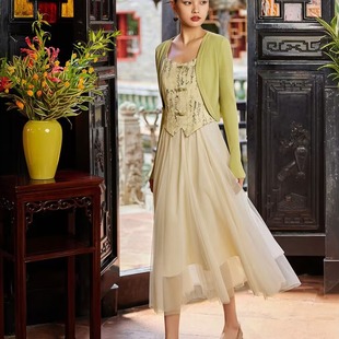 2024新中式国风套装裙女夏季复古盘扣开衫，吊带连衣裙两件套