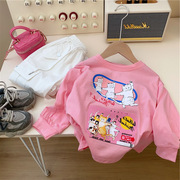 女童长袖T恤2023韩版可爱卡通猫咪春秋装泡泡袖宽松洋气上衣