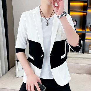 时尚拼色七分袖西装韩版潮流修身型男士夏装外套帅气半中袖小西服
