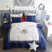 儿童全棉床单四件套小男孩纯棉卡通，被套1.2米1.5床笠式三件套蓝色