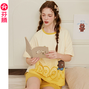 芬腾布朗熊女士睡衣夏季纯棉短袖凉感卡通可爱甜美少女家居服套装