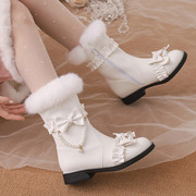 女童冬季皮靴2023高筒靴儿童粉色公主靴雪地靴中大童保暖棉靴