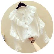 立领雪纺上衣长袖女蕾丝，荷叶边白色衬衣，韩版秋季洋气小衫衬衫