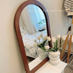 复古卧室化妆镜北欧卫生间装饰梳妆台木质镜子实木挂镜法式浴室镜