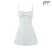 法式复古方领系带镂空鱼骨，束腰显瘦吊带短裙女白色连衣裙