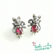 日本 小猫咪 精致可爱 红宝石银耳钉 耳环 耳饰