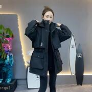 正版加棉冲锋衣女2025年春秋通勤风字母刺绣抽要加厚薄棉派克棉服