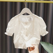 2022夏装洋气1-6岁女宝宝女童时尚短袖衬衫蕾丝提花上衣纯棉3