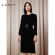 LANCY/朗姿2023秋季法式丝绒连衣裙轻奢高级感圆领礼服裙子女