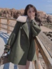 绿色小香风兔毛外套，女秋冬2022韩系小个子，加厚兔毛领呢大衣