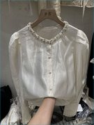 重工圆领钉珠长袖衬衫女春季2024设计感小众法式超仙小衫上衣