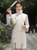 米色雪尼尔加绒旗袍，2023冬季复古民国风年轻款少女小个子连衣裙