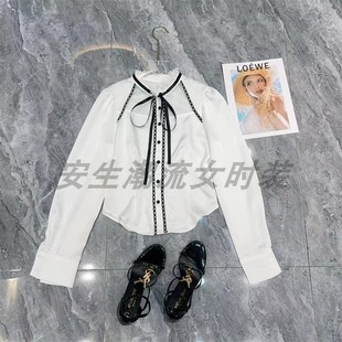 春季衬衫女白色长袖，网红韩版镂空蕾丝，圆领上衣女修身短款拼色