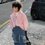 韩系儿童洋气粉色条纹，衬衫2023春秋，韩版长袖男童衬衣外套休闲
