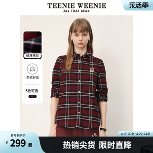 TeenieWeenie小熊春装棉质学院风格纹衬衫复古红色长袖衬衣女