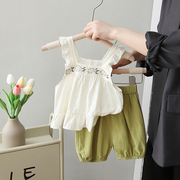 女童夏季短袖套装洋气韩版女宝宝刺绣棉麻无袖短裤两件套时髦