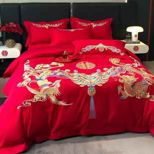 高档龙凤刺绣结婚四件套大红色中式床单被套纯棉婚庆床上用品床笠