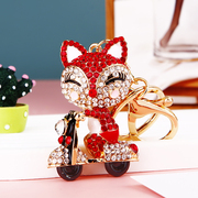 韩国创意水晶水钻可爱骑单车狐狸汽车钥匙扣，女包挂件钥匙链圈