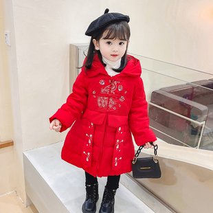 反季女童棉服秋冬季儿童中长款红色拜年服中国风外套加厚棉袄