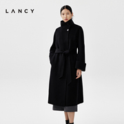 lancy朗姿2023秋冬黑色经典，双面呢羊毛大衣女士气质毛呢外套