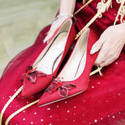 红色结婚高跟鞋女秀禾新娘鞋尖头，细跟蝴蝶结白色伴娘鞋宴会单鞋女