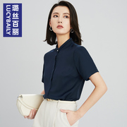 藏蓝色雪纺衬衫女短袖夏季薄款职业衬衣2024年气质ol正装上衣