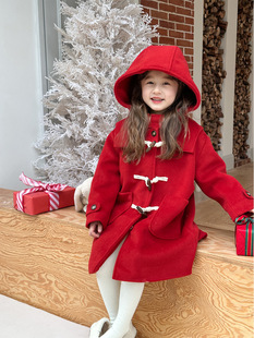 女童毛呢大衣秋冬童装儿童韩版洋气加厚牛角扣新年装宝宝红色外套