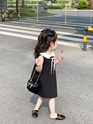2023夏款女童复古赫本风气质小黑裙娃娃领无袖公主连衣裙背心裙