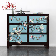 新中式彩绘家具手绘花鸟实木，卧室斗柜储物玄关装饰六抽柜餐边柜