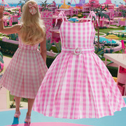 公主裙女童cosplay真人，芭比电影同款公主裙粉红，吊带格子梦幻礼服